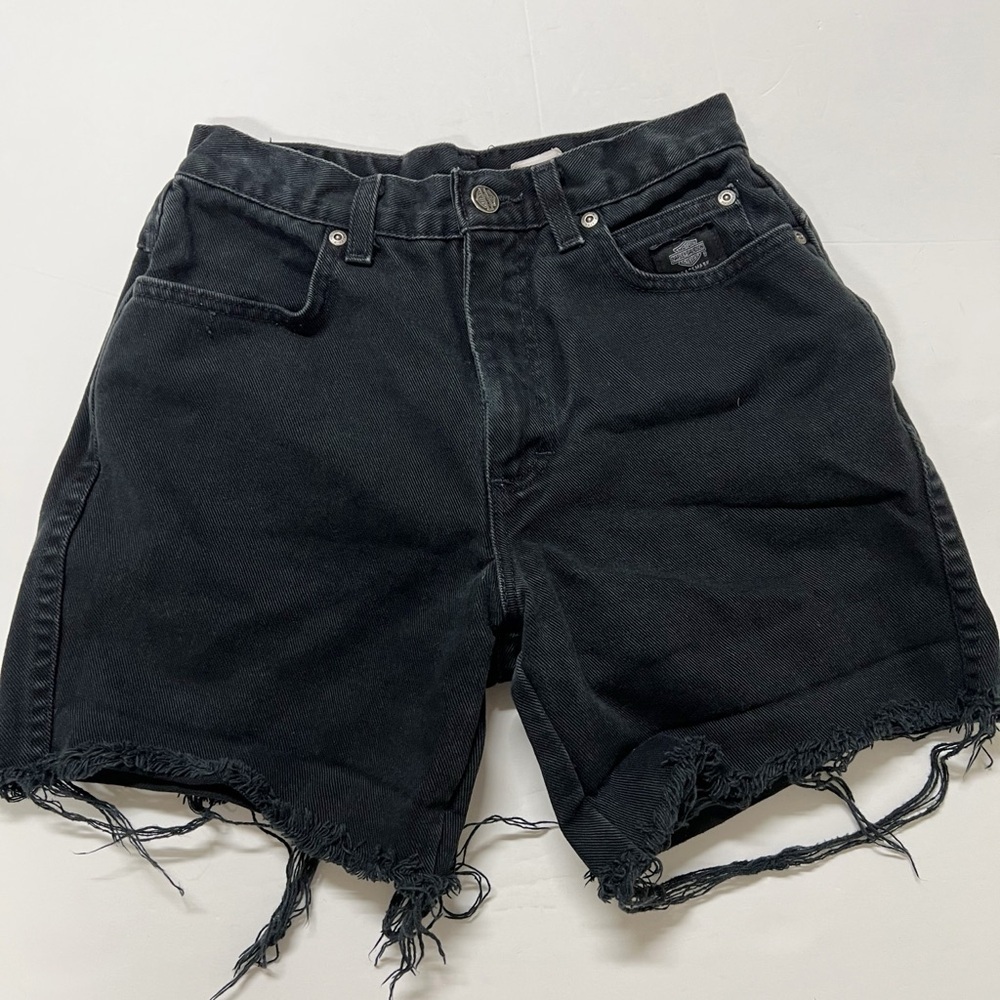 Harley Davidson Womens Vintage Y2K 90s Black Denim Cut Off Moto Shorts Size 24
